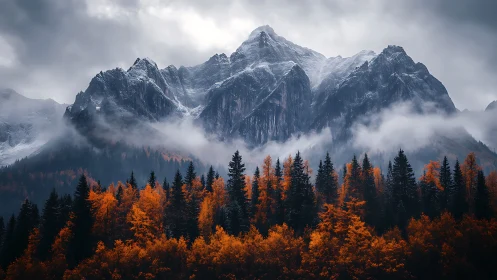 Snowy mountain peaks rise above dense orange autumn forest