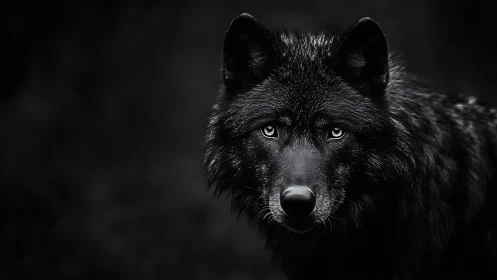 Photorealistic low‑key portrait of black wolf in chiaroscuro.