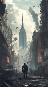 Lone wanderer stalks a crumbling skyscraper crowned skyline.