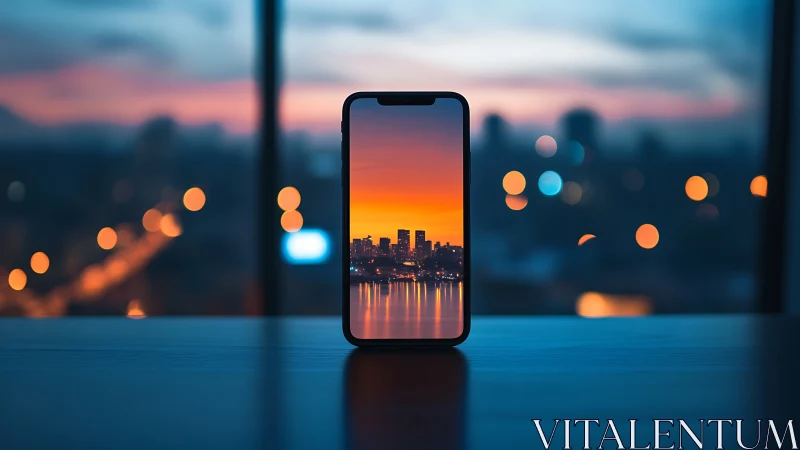 Smartphone displaying cityscape sunset over water surface