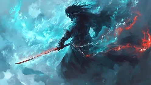 Spectral swordsman commands blue and red elemental flames