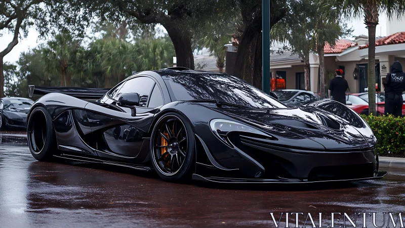 Low-slung black hypercar reflects wet street under overcast sky