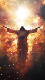 Radiant ascension figure within stellar plasma eruption field.