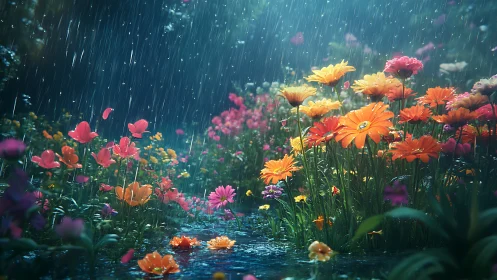 Rain-kissed wildflower garden glowing in enchanted twilight.