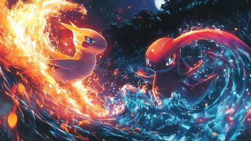 Fire and water Pokemon battle with dynamic elemental effects.