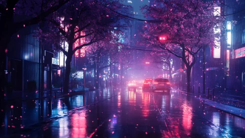Cyberpunk neon boulevard under rain with sakura canopy glow.