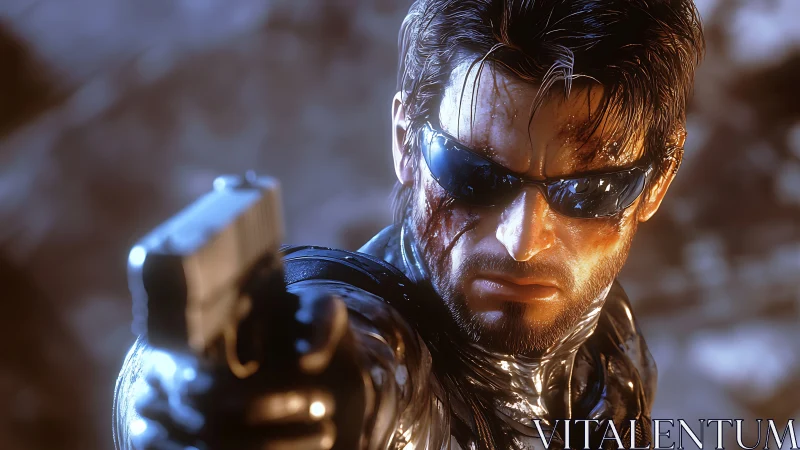 Gritty cyber hero stares down danger with steady resolve.