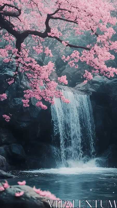 Cherry blossoms over waterfall framed by rocks and mist