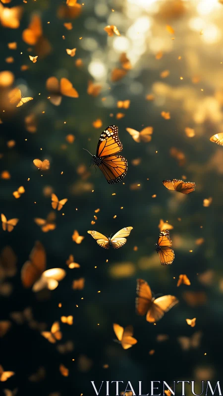 Digital painting of monarch butterflies in luminous vertical drift.