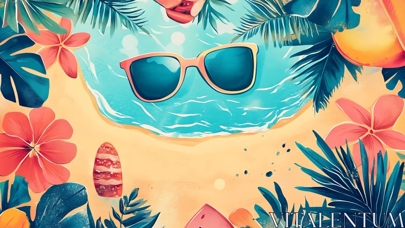 Beach Summer Flatlay with Sunglasses and Tropical Foliage.