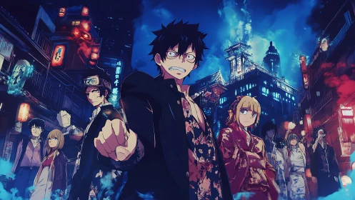 Urban nightscape frames high-contrast anime ensemble in dynamic standoff