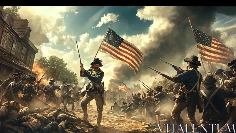 Digital painting of Revolutionary War street battle composition.