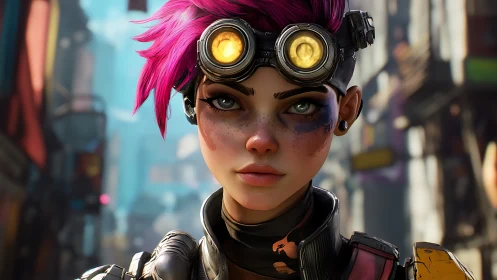 Cyberpunk street scout with pink hair and goggles.