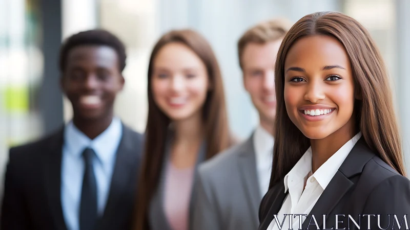 Confident young businesswoman in modern office, professional style.