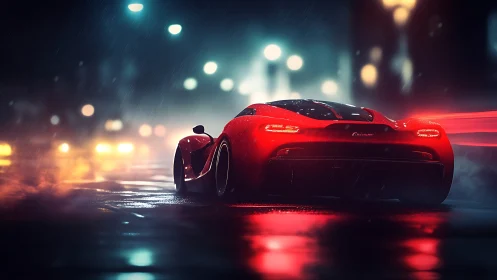 Cinematic nocturne supercar in rain-soaked neon environment.