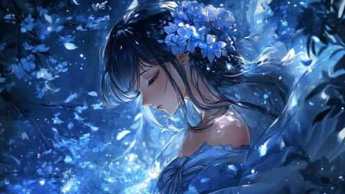 Profile view of blue-clad girl with floral headpiece in light