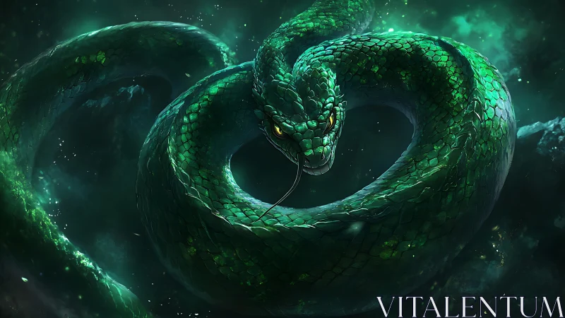 Emerald vortex serpent coils through a storm of dark starlight.