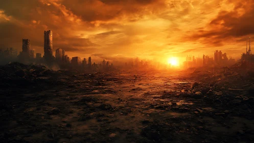 Ruined city skyline surrounds scorched urban wasteland at sunset