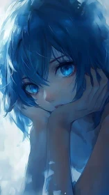 Blue haired anime girl rests face on hands in close view
