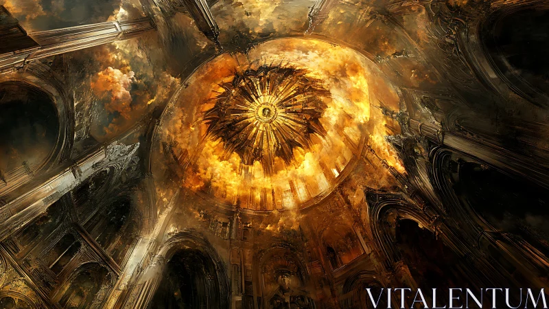Baroque cathedral dome imploding into radiant apocalyptic fire