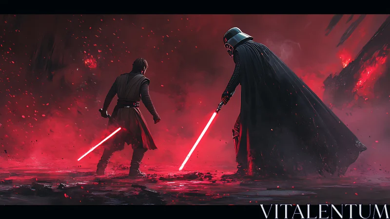 Red-lit duel between armored figure and cloaked warrior.