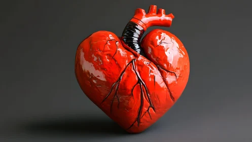 Realistic Red Anatomical Heart Sculpture on Dark Minimalist Background.