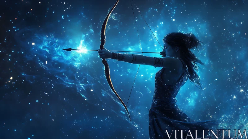Celestial archer draws luminous bow in deep cosmic nebula.