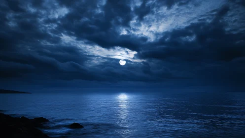 Full moon illuminates turbulent clouds above reflective sea