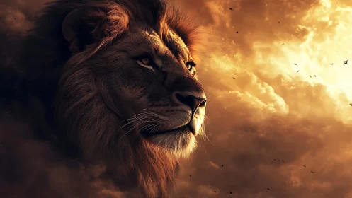 Radiant leonine profile emerging from volumetric storm clouds.