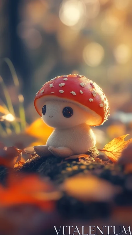 Cute mushroom creature sitting in warm autumn forest light.