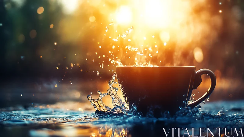 Sunlit coffee cup splashing with golden morning energy.