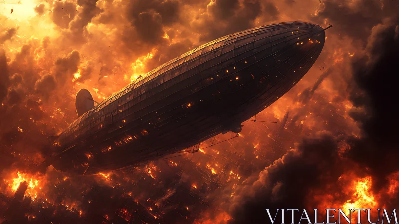 Armored zeppelin crosses infernal cityscape under volumetric fire