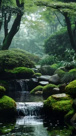 Layered mossy cascade flows through dense, misted forest ravine