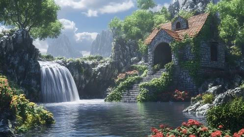Stone cottage by waterfall in lush mountain garden valley.