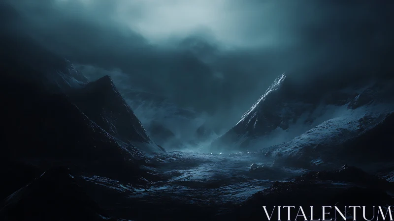 Nocturnal glacial valley under storm clouds with icy ridges