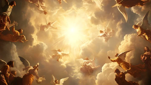 Golden sky of angels circling a radiant, welcoming light.