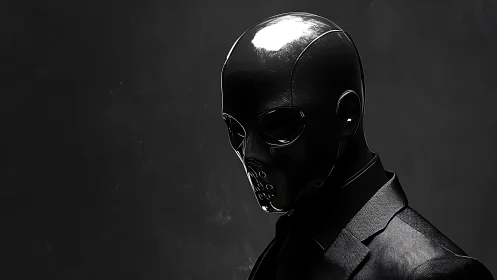 Masked figure in glossy black suit exudes ominous elegance.