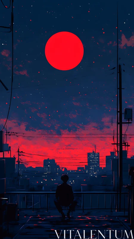 Solitary rooftop silhouette beneath neon red eclipse.