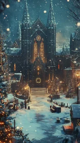 Snowlit gothic church glows warmly in a peaceful winter square