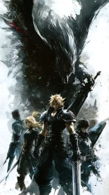 Storm-forged warriors beneath a colossal shadow beast.