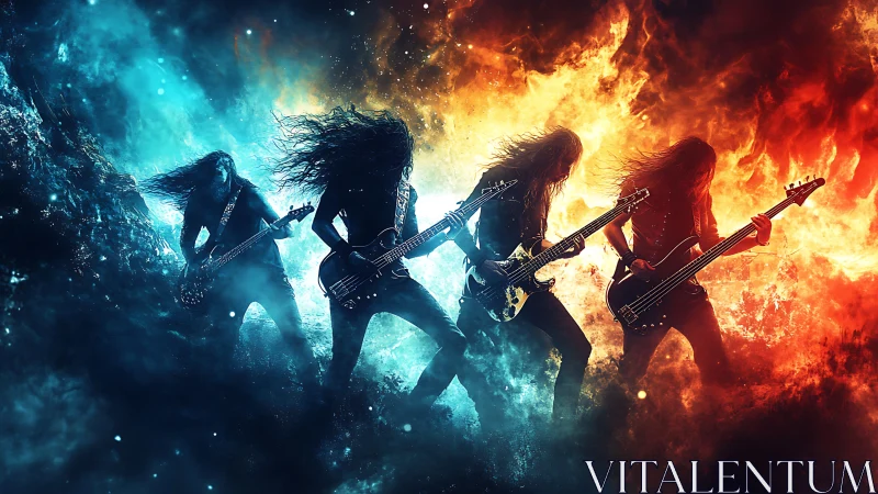 Dual-spectrum metal band framed by high-contrast fire and ice fields