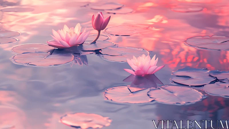 Gentle pink water lilies drift softly on glowing evening water