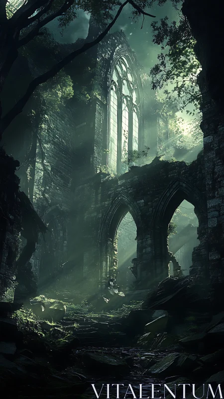Overgrown gothic ruins with filtered forest light.