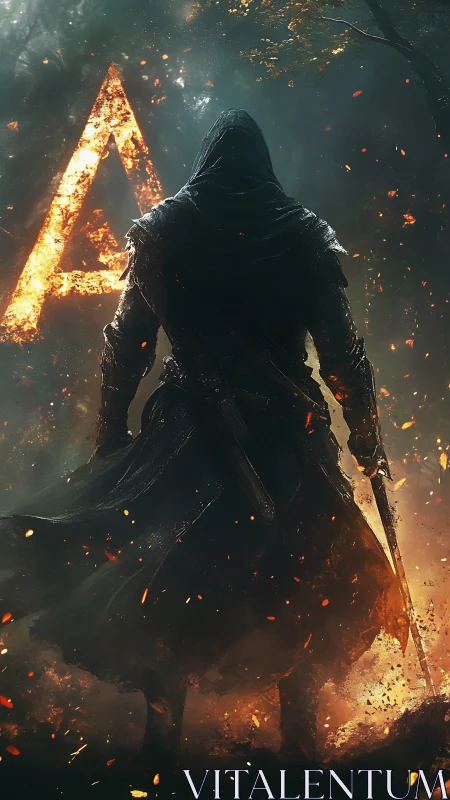 Cloaked warrior silhouette confronts flaming sigil in forest haze