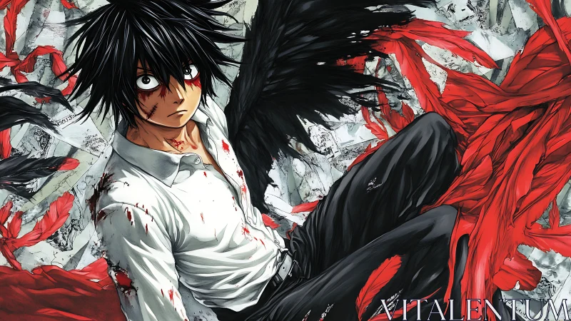 Injured anime boy with black wings amid red torn feathers.