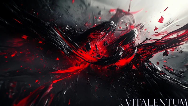 Torsional red shockwave through glossy black fracture field.