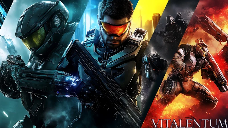 Armored sci fi soldiers hold rifles across three split panels