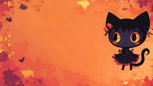 Cartoon black cat character stands against orange foliage