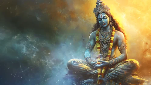 Divine blue deity meditates in radiant cosmic light.