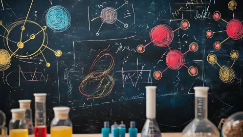 Laboratory glassware before chalkboard of molecular diagrams.